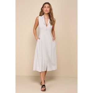 Lulus Campagna Charm Ivory Pinstriped Linen Midi Dress With Pockets White